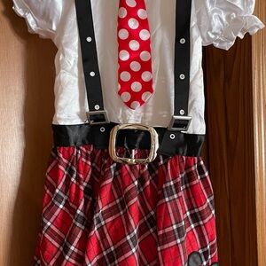 Disney Red Plaid Suspender Dress with Polka Dot Tie